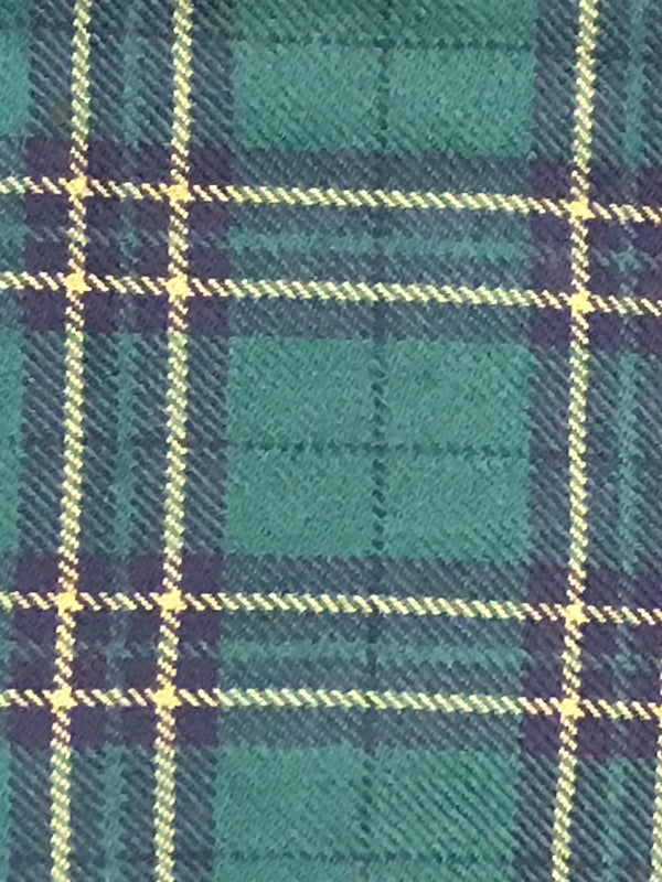 Detailaufnahme Stoffmuster grün kariert mit gelben und blauen Linien