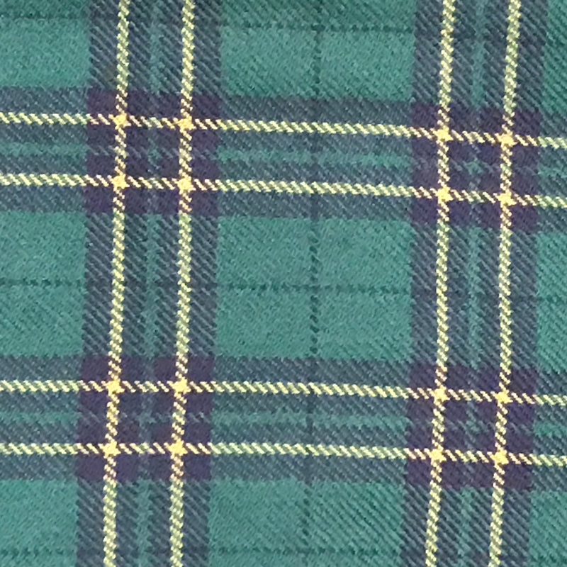 Detailaufnahme Stoffmuster grün kariert mit gelben und blauen Linien