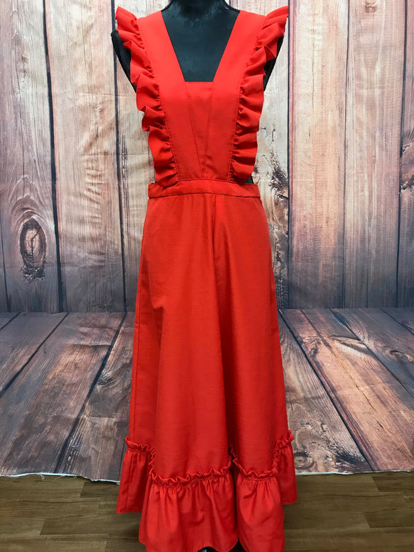 „Rotes 1970er Vintage Kleid mit Volants und langen Rock auf Schneiderpuppe“