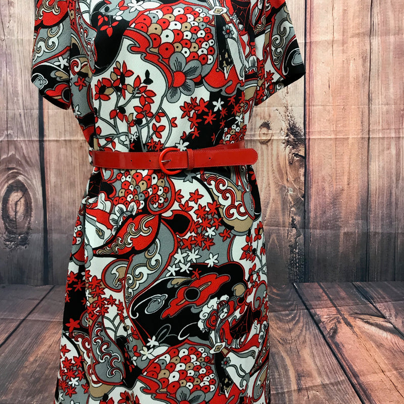 Vintage Kleid 70er Jahre, Gr. 46, roter Retro-Print, Unikat.