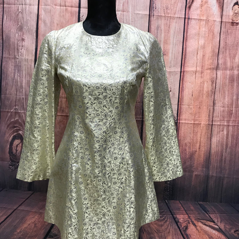 Vintage Kleid gold, Gr. 38, Jacquard-Muster, 70er Jahre, Trompetenärmel.