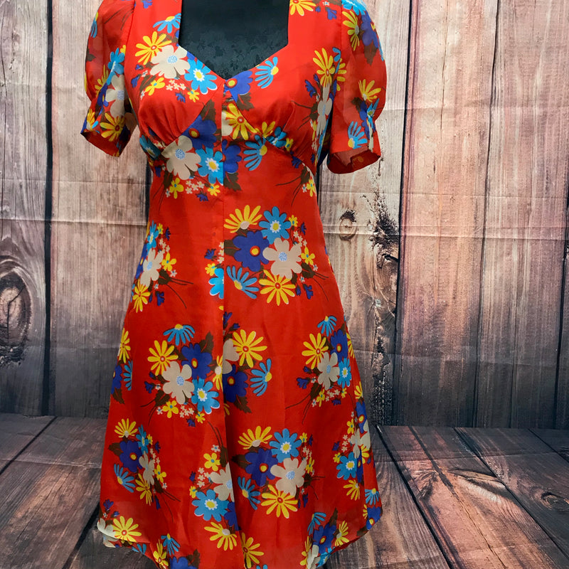 Vintage Kleid rot mit buntem Blumenmuster, Gr. 36, 1980er Jahre.