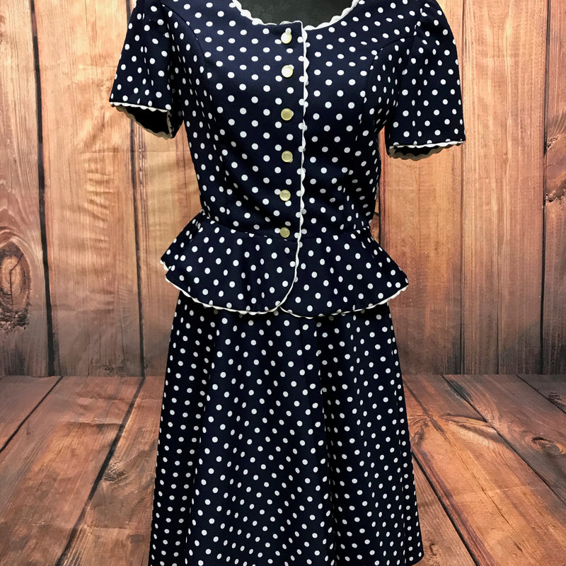 Vorderansicht Vintage Zweiteiler Kleid dunkelblau mit weißen Punkten, Größe 36