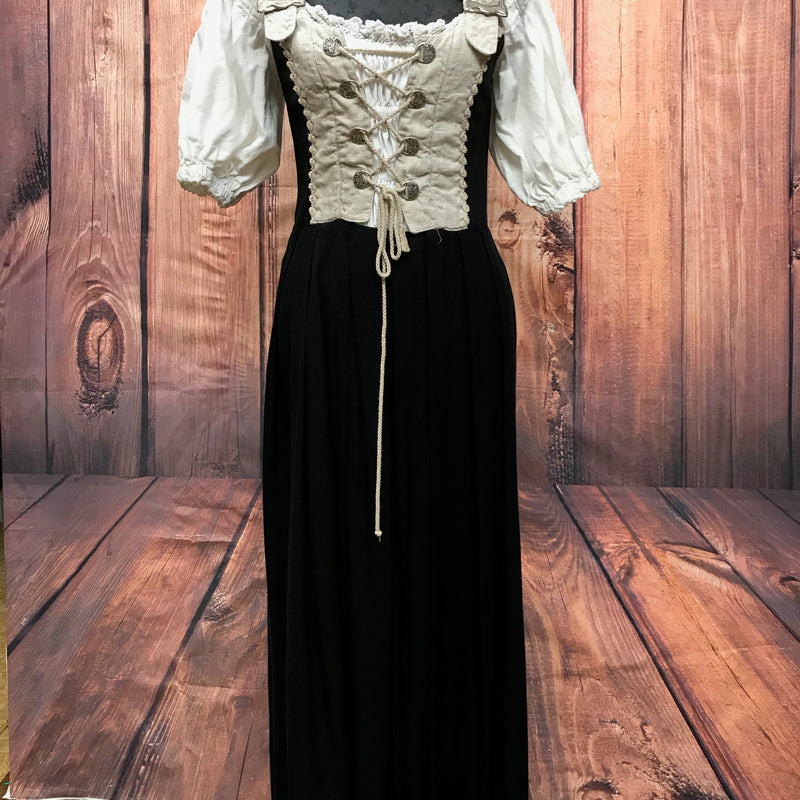Vintage Landhauskleid Damen Gr. 36 lang in Natur und Schwarz mit Mieder-Schnürung und Puffärmeln