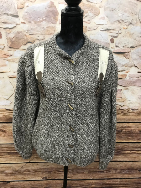 Vintage Trachten Strickjacke Damen Größe 46 braun beige meliert mit Edelweiß-Stickerei und Knöpfen in Hornoptik