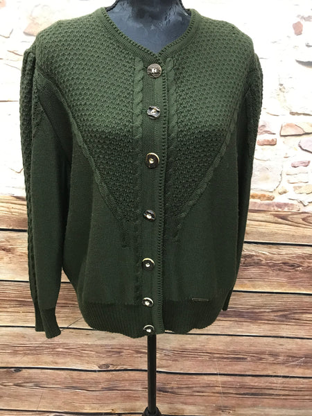 Dunkelgrüne Vintage Trachten Strickjacke Damen Größe 44 von Lepegro, aus Wollmischgewebe, mit Zopfmuster und Knopfleiste, guter Zustand.