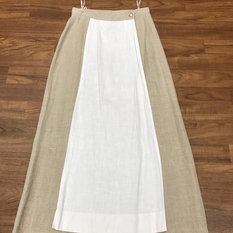 Vintage Trachten-Wickelrock aus 100% Leinen, beige mit weißem Einsatz, Größe 36, von C&A Landhaus.