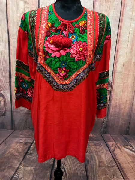 „Vintage Tunika rot Ethno Blumenmuster 70er Jahre Vorderansicht“