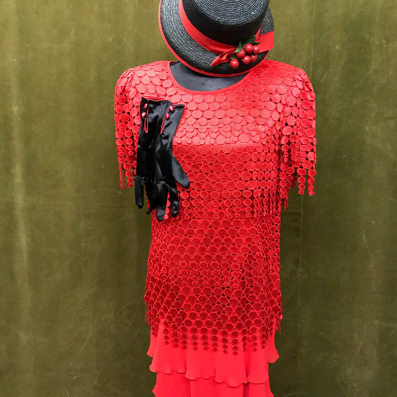 Vintage Mode 20er Jahre Kleid ca.Gr.42, rot, mit Hut und Handschuhen